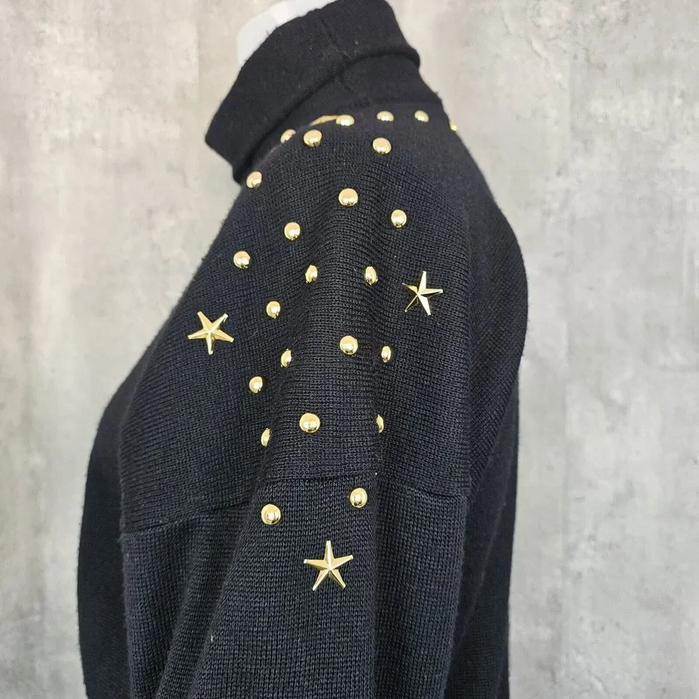 Vintage 80s Meister Womens M Black‎ Knit Turtleneck Sweater Brass Studded Detail